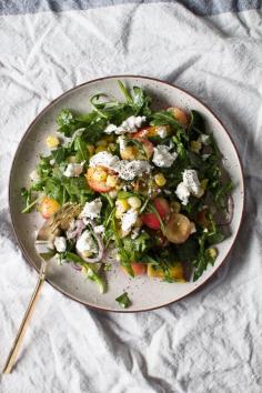Sweet Corn, Peach, and Cherry Salad with Creamy Goat Cheese and a Lime Dressing