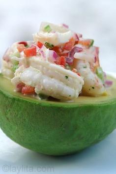 shrimp stuffed avocado made with ripe avocado filled with shrimp,