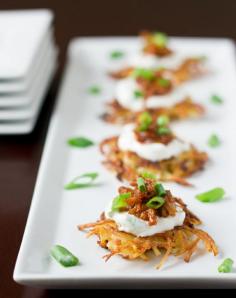 Potato Pancakes with Shredded Barbecue Pork layers crispy shredded potatoes with scallion sour cream and shredded barbecue pork for the ultimate appetizer. | Culinary Hill