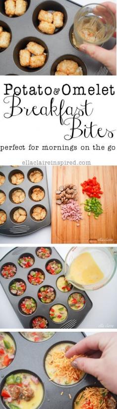 Potato & omelet breakfast bites... might be good with hashbrowns on the bottom, great for kids!