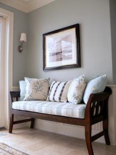 Sleepy Blue 6225 by Sherwin Williams.  Soothing and it really compliments the wood tone.