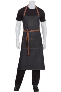 Memphis Black Denim Apron with Brown contrasting top-stitching and ties.  This look is also available in a full or half bistro length.  Get it @ ChefsEmporium.net (www.chefsemporium...)