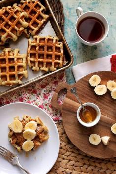 buttermilk choc chip waffles w/ almond butter, bananas + honey | joy the baker