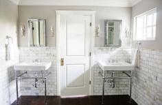 Benjamin Moore Revere Pewter greige paint, Calcutta Gold marble subway tile.  Beautiful and classic bathroom.