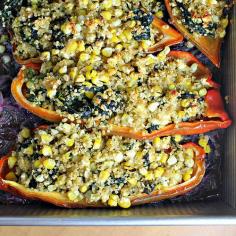 peppers stuffed with quinoa, corn and feta cheese