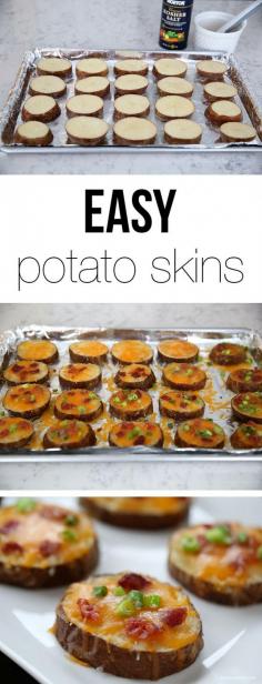 Easy potato skins recipe via iheartnaptime.net. These potato rounds are topped with cheddar cheese, crumbled bacon bits and taste great topped with a little sour cream!