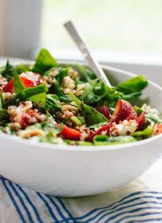 Light summer salad recipe featuring strawberries, spinach, quinoa, almonds and goat cheese - cookieandkate.com