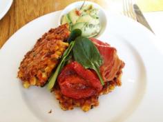 Corn fritters + bacon with a side of avocado salsa - Bills, Cafes, Darlinghurst, NSW, 2010 - TrueLocal