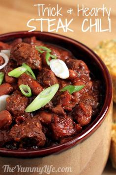 "My favorite chili recipe with steak that is unbelievably tender, and the flavor is rich beyond compare. It's great paired with jalapeno cornbread."