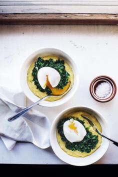 polenta with garlicky spinach and soft, runny egg | At the breakfast table