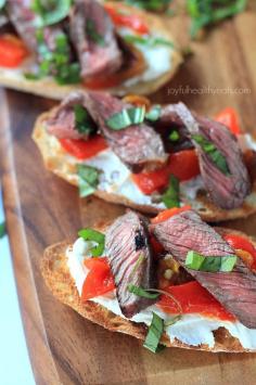 Grilled Ribeye & Roasted Pepper Bruschetta with Whipped Goat Cheese, the ultimate mouth watering appetizer! | www.joyfulhealthy...