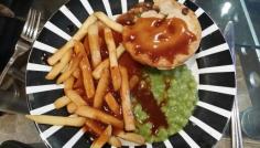 British food - chips, chicken pie, mushy peas and gravy.  Yum!