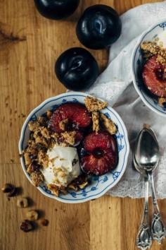 brown butter hazelnut cookie crumble with torched plums
