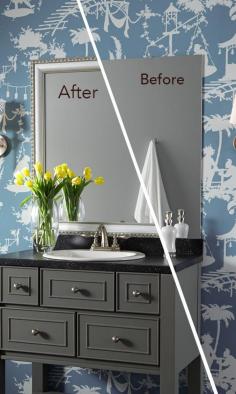 The addition of a MirrorMate mirror frame adds the final pieces to a beautiful bathroom makeover.