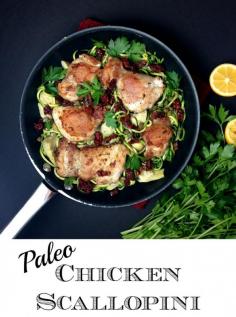 Yum! This Paleo Chicken Scallopini (chicken, bacon, sundried tomatoes, capers, parsley and zoodles) is clean eating with rich flavors. // GrokGrub.com
