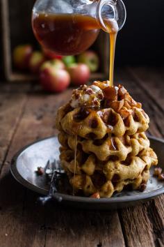 Overnight Cider Pumpkin Waffles w/Toasted Pecan Butter, Cider Syrup + Spiced Apples