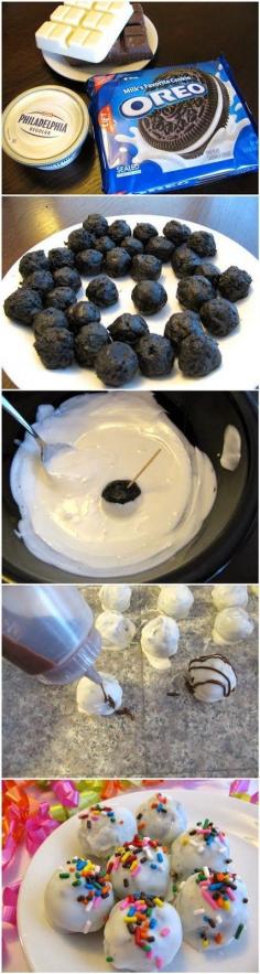 
                        
                            How To Oreo Balls: Try making with colored chocolate from AC Moore for holidays or football games!
                        
                    
