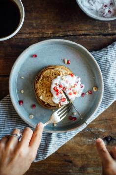 (gluten + dairy free) oat pancakes w/ pomegranate yogurt