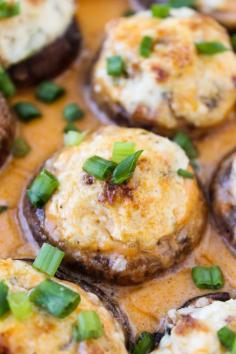 Bacon Blue Cheese Stuffed Mushrooms with Creamy Hot Sauce | TheFoodCharlatan.com These are perfect (and easy!) appetizers for football watching!