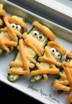 
                        
                            Jo and Sue: Halloween Dinner 2014. Tons of Spooky food ideas! - Like these Jalapeno Popper Mummies!
                        
                    