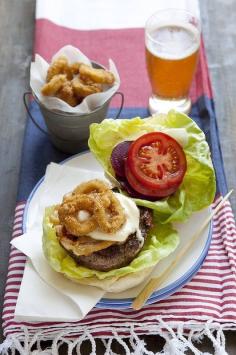 Jill Dupleix's surf and turf beach burger with crumbed calamari (recipe here).