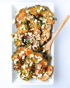 spicy roasted squash with feta + herbs