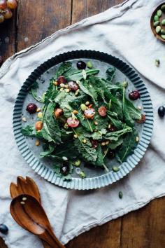 Warm Sautéed Grapes, Autumn Kale, and Edamame Salad with Shiso Vinaigrette