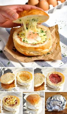 
                    
                        Ham, Egg, & Cheese Bread Bowls. Not a single pan or utensil to be washed! Great for feeding an army and you can make ahead. #breakfast #brunch #bread_bowl #baked #eggs
                    
                