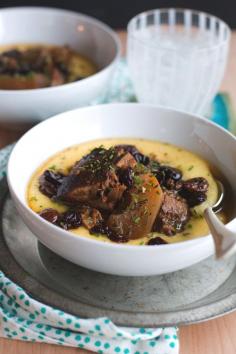 Slow Cooker Hard Cider Braised Pork with Sour Cherries and Cheesy Polenta