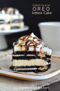 Layers of salted caramel cheesecake and Oreo cookies takes this easy no bake cake over the top!!!  You had me at NO bake!