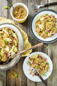 
                    
                        Warm Roasted Brussels Sprouts & Quinoa Salad with Tempeh Bacon Bits
                    
                