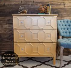 
                        
                            Metallic Gold Honeycomb Dresser - such a fun and beautiful IKEA Tarva Hack!!  Yes this started as a plain IKEA dresser and with a little elbow grease, I turned it into this beautiful art decor inspired dresser!
                        
                    