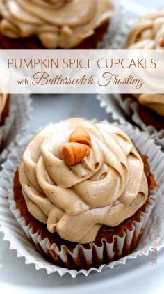 
                    
                        Pumpkin Spice Cupcakes with BUTTERSCOTCH Frosting - my favorite pumpkin anything! Super soft and mosit cupcakes with a hint of pumpkin, cinnamon, cloves and vanilla and SO EASY made partially from a cake mix with frosting that's out of this world!
                    
                