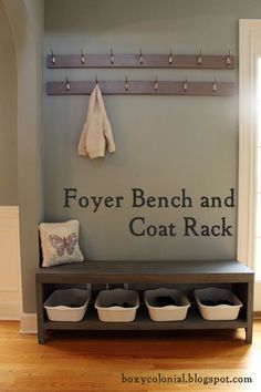 DIY Coat Rack and Bench with shoe storage for a foyer or entryway