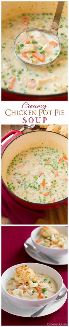 Creamy Chicken Pot Pie Soup with Easy Parmesan Drop Biscuits - this soup tastes just like chicken pot pie in creamy soup form! It's incredibly delicious!!