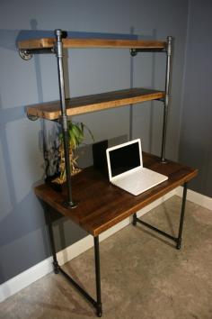 Reclaimed Urban Wood Computer Desk w/ built in shelving unit - Shelves Attatch to the wall - Gas pipe Leg base - FAST Shipping!