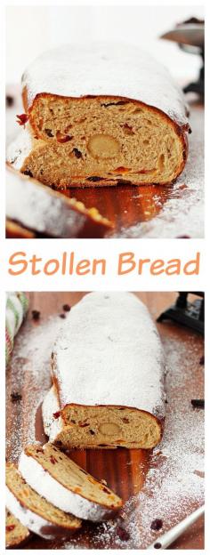 
                    
                        Stollen - A slightly sweet German bread packed with rum soaked fruit and marzipan and dusted with powder sugar for a winter look.
                    
                