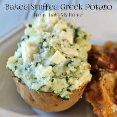 
                    
                        Creamy Baked Stuffed Greek Potatoes full of spinach, feta cheese and Greek seasonings.
                    
                