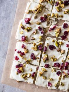 
                    
                        WHITE CHOCOLATE SALTINE BARK WITH CANDIED PISTACHIOS AND DRIED CRANBERRIES
                    
                
