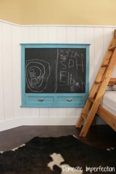 
                    
                        Old dresser mirror turned into giant chalkboard. Easy project, and kids love it!
                    
                