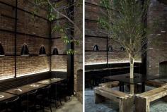 
                    
                        Dramatic restaurant design that I would use for outdoor dining room. Love the idea of a full size brick fireplace
                    
                
