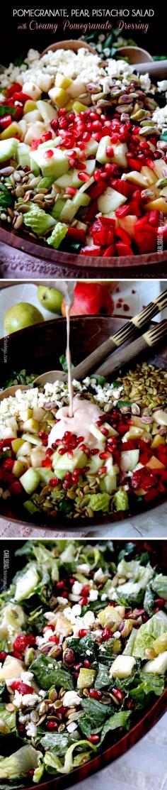 Salad with  pomegranate arils, pears, apples, crunchy cucumbers and peppers complemented by salty roasted pistachios and pepitas all doused in Creamy Pomegranate Dressing.