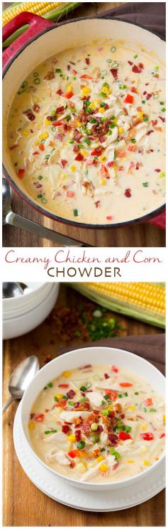 Creamy Chicken and Corn Chowder (with Bacon!) - everyone in my family loved this soup, picky eaters included! So hearty and delicious!! Sub the flour with coconut flour, for gluten free goodness