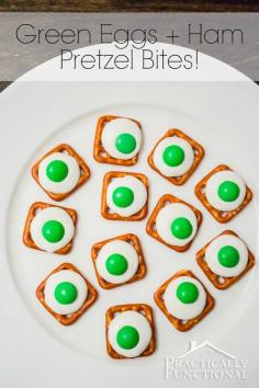 
                    
                        These green eggs and ham pretzel bites are delicious and easy to make! Perfect for a Dr. Seuss themed party!
                    
                