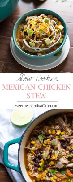 
                    
                        Slow Cooker Mexican Chicken Stew with Black Beans, Corn, and Avocado. Let the slow cooker do all the hard work on this one!
                    
                