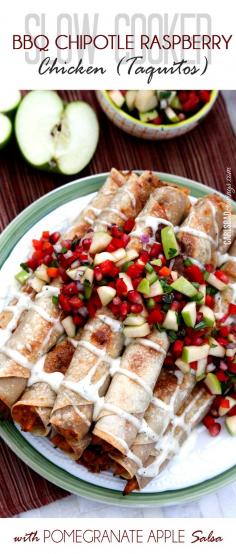 
                    
                        Creamy BBQ Raspberry Chipotle Chicken -this chicken is incredible and so easy all on its own or you can make the full recipe of taquitos with Pomegranate Salsa. An addicting family and company favorite!
                    
                