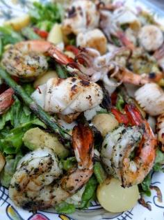 Grilled Tiger Shrimp, Scallop & Calamari Salad - For Low Carb skip the potatoes, a great salad dressing recipe is included! - "The idea is to compose a fresh and flavourful hastle-free salad with a treasure trove of grilled seafood and a riot of your favourite veggies nestled on top, for an easy evening meal once the warm weather finally arrives for good."