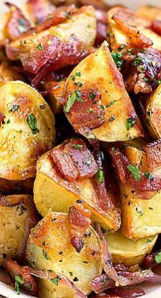 Warm, Roasted Baby Potato Salad with Crispy Bacon, Caramelized Onion, and Warm Bacon Vinaigrette  http://thecozyapron.com/warm-roasted-potato-salad-and-an-ice-cold-beer/