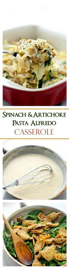
                    
                        Spinach and Artichoke Pasta Alfredo Casserole | www.diethood.com | Delicious vegetarian dinner with Spinach, Artichokes and Orzo pasta mixed in a lightened-up, homemade Alfredo Sauce.
                    
                