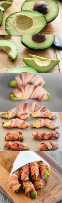 Effing.  Amazing.   Bacon Wrapped Avocado Fries by kirbiescravings via necessaryclothing: http://kirbiecravings.com/2013/11/bacon-wrapped-avocado-fries.html #Appetizer #Avocado #Bacon